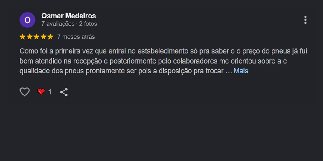 Avaliação 5 estrelas de Osmar Medeiros no Google sobre o atendimento na compra de pneus