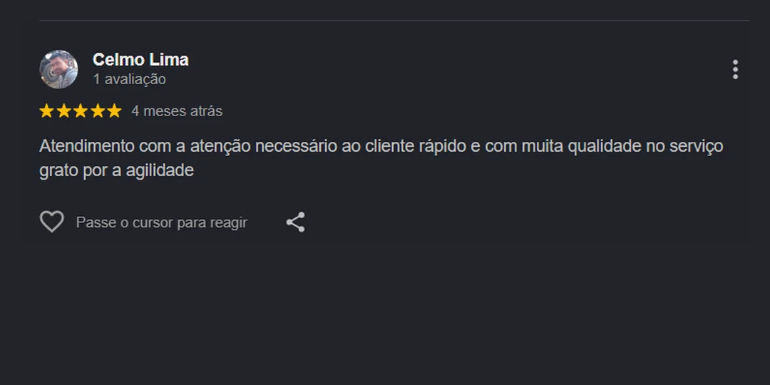 Avaliação 5 estrelas de Celmo Lima no Google: atendimento rápido e com muita qualidade
