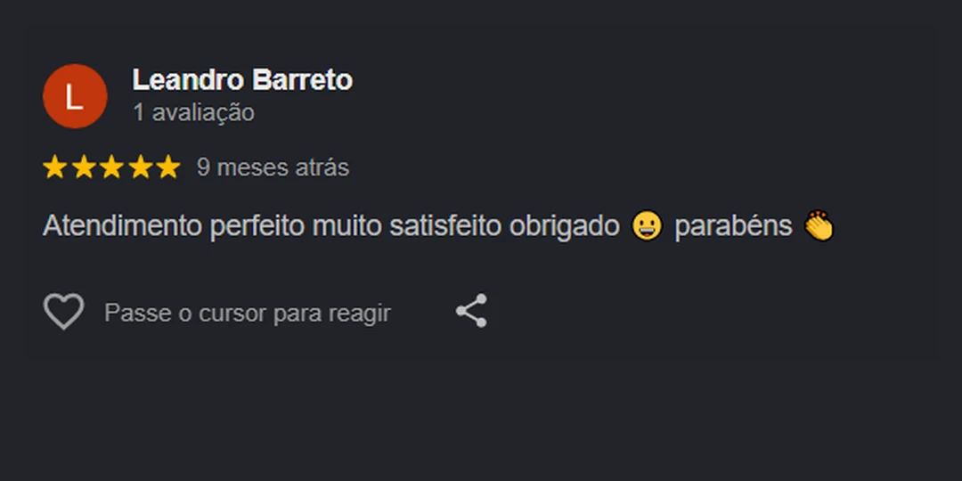 Avaliação 5 estrelas de Leandro Barreto no Google: atendimento perfeito