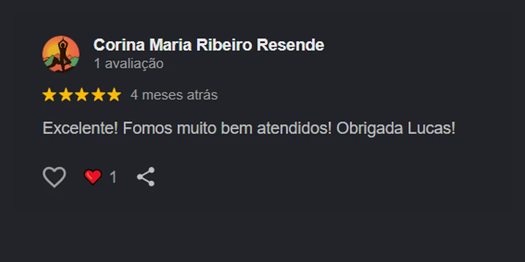 Avaliação 5 estrelas de Corina Maria Ribeiro Resende no Google: fomos muito bem atendidos