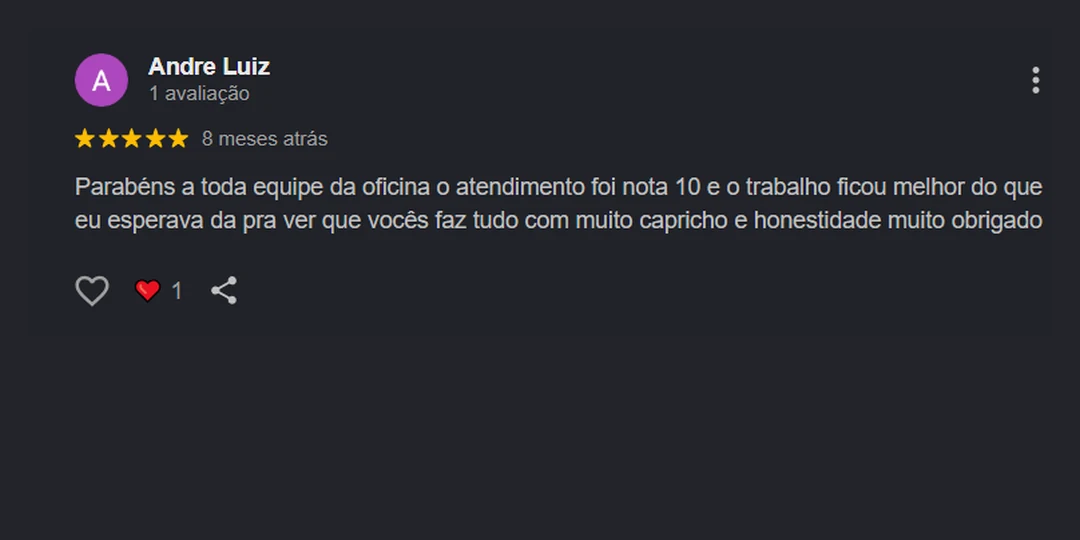 Avaliação 5 estrelas de Andre Luiz no Google: atendimento nota 10 e trabalho com capricho