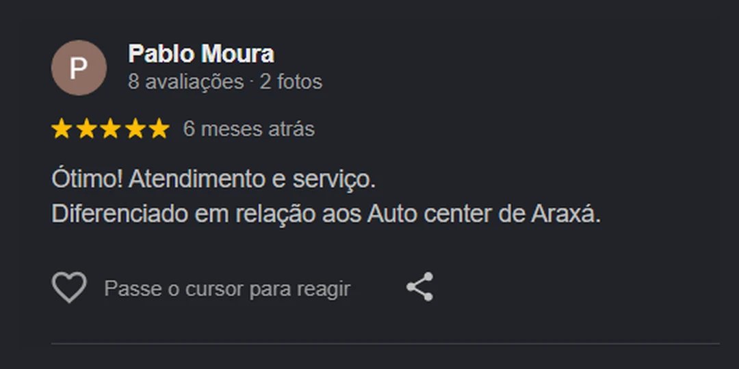 Avaliação 5 estrelas de Pablo Moura no Google: atendimento e serviço diferenciados em Araxá