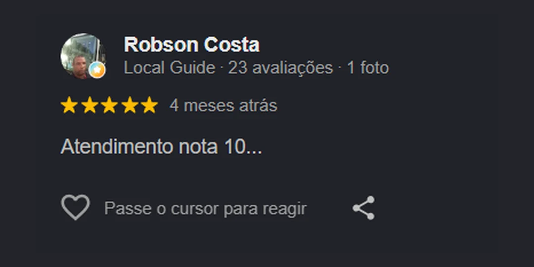 Avaliação 5 estrelas de Robson Costa no Google: atendimento nota 10