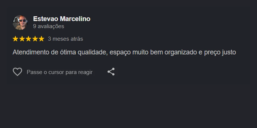 Avaliação 5 estrelas de Estevao Marcelino no Google: atendimento de ótima qualidade e preço justo